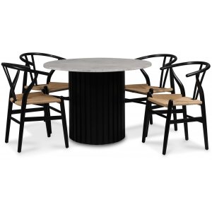 Sumo eetgroep 105 cm incl. 4 Brandon zwarte eetkamerstoelen - Zwartgebeitst / Zilvermarmer