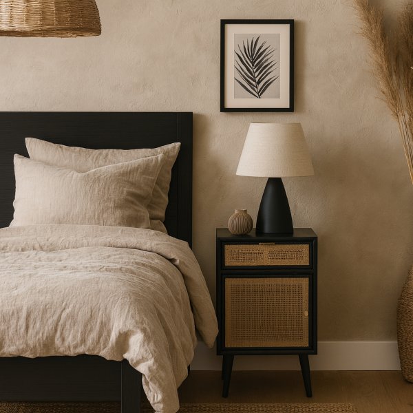 Stockholm svart sängbord med rotting + Rengöring för möbler Stockholm svart sängbord med rotting + Rengöring för möbler