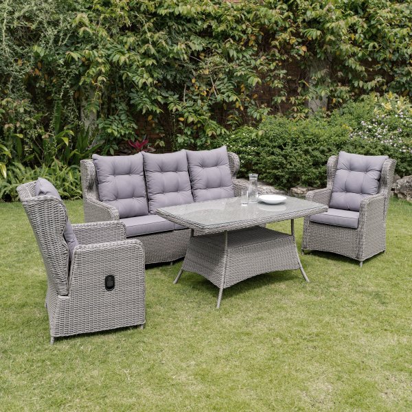 California utemöbelgrupp med recliner soffa, fåtöljer och bord - Grå konstrotting California utemöbelgrupp med recliner soffa, fåtöljer och bord - Grå konstrotting