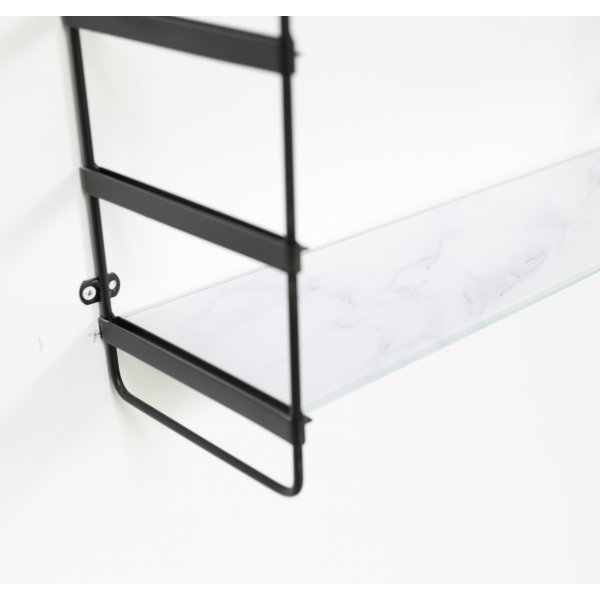 Stream svart vägghylla med vita glasmarmor hyllplan Stream svart vägghylla med vita glasmarmor hyllplan