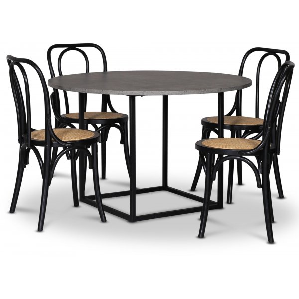 Sintorp matgrupp, runt matbord 115 cm inkl 4 st Samset svarta bjtr stolar - Betong (Laminat)