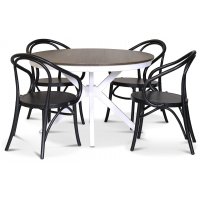 Skagen matgrupp; runt matbord 120 cm - Vit / brunbetsad ek med 4 st Danderyd No.30 stolar Svarta Skagen matgrupp; runt matbord 120 cm - Vit / brunbetsad ek med 4 st Danderyd No.30 stolar Svarta