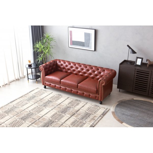 Soffa chesterfield 3-sits i brun PU - Charles