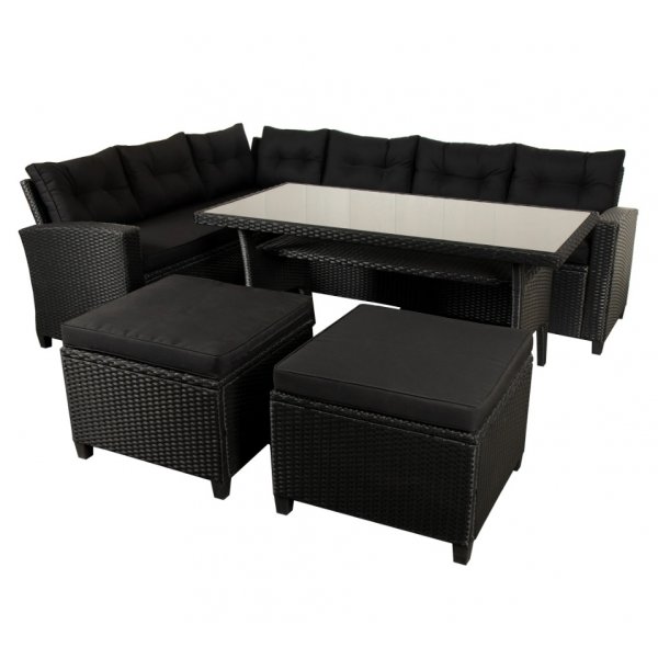 New York utegrupp; hörnsoffa med bord och fotpallar - Svart konstrotting New York utegrupp; hörnsoffa med bord och fotpallar - Svart konstrotting