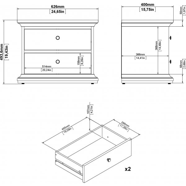 Paris nachtkastje met 2 lades - Wit Paris nachtkastje met 2 lades - Wit