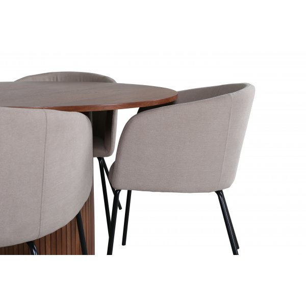 Bianca Matgrupp runt valnt matbord med 4 st Berit beige polyesterlinne stolar