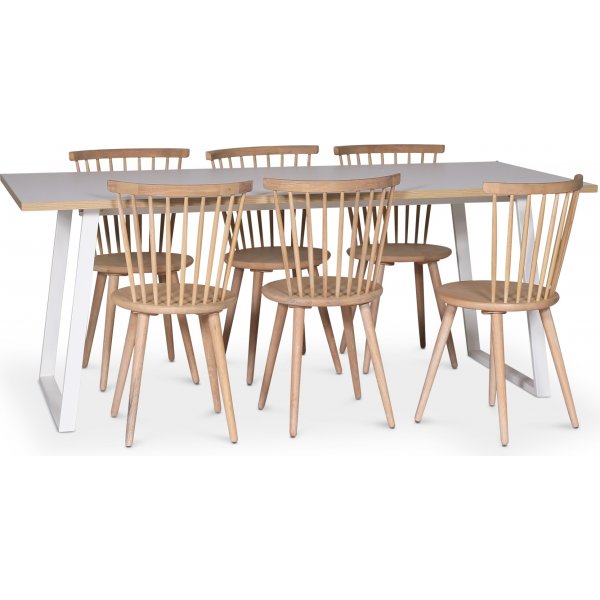 Edge matgrupp; Matbord i vit HPL 190x90 cm med 6 st Castor pinnstolar i whitewash